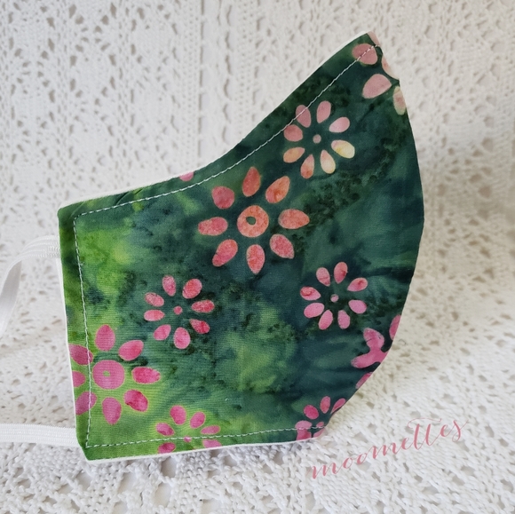 Green Pink Batik Face Mask Floral Handmade USA